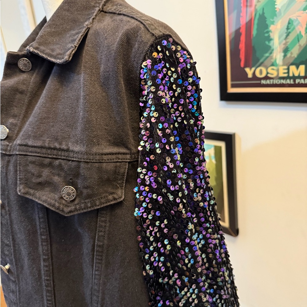 Sequin Sleeve Black Denim Jacket